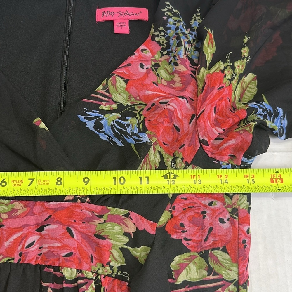 Betsey Johnson Bambi Black Floral Bell Sleeve Ruffle Mini Dress‎ Size 2 Festival - Picture 8 of 12